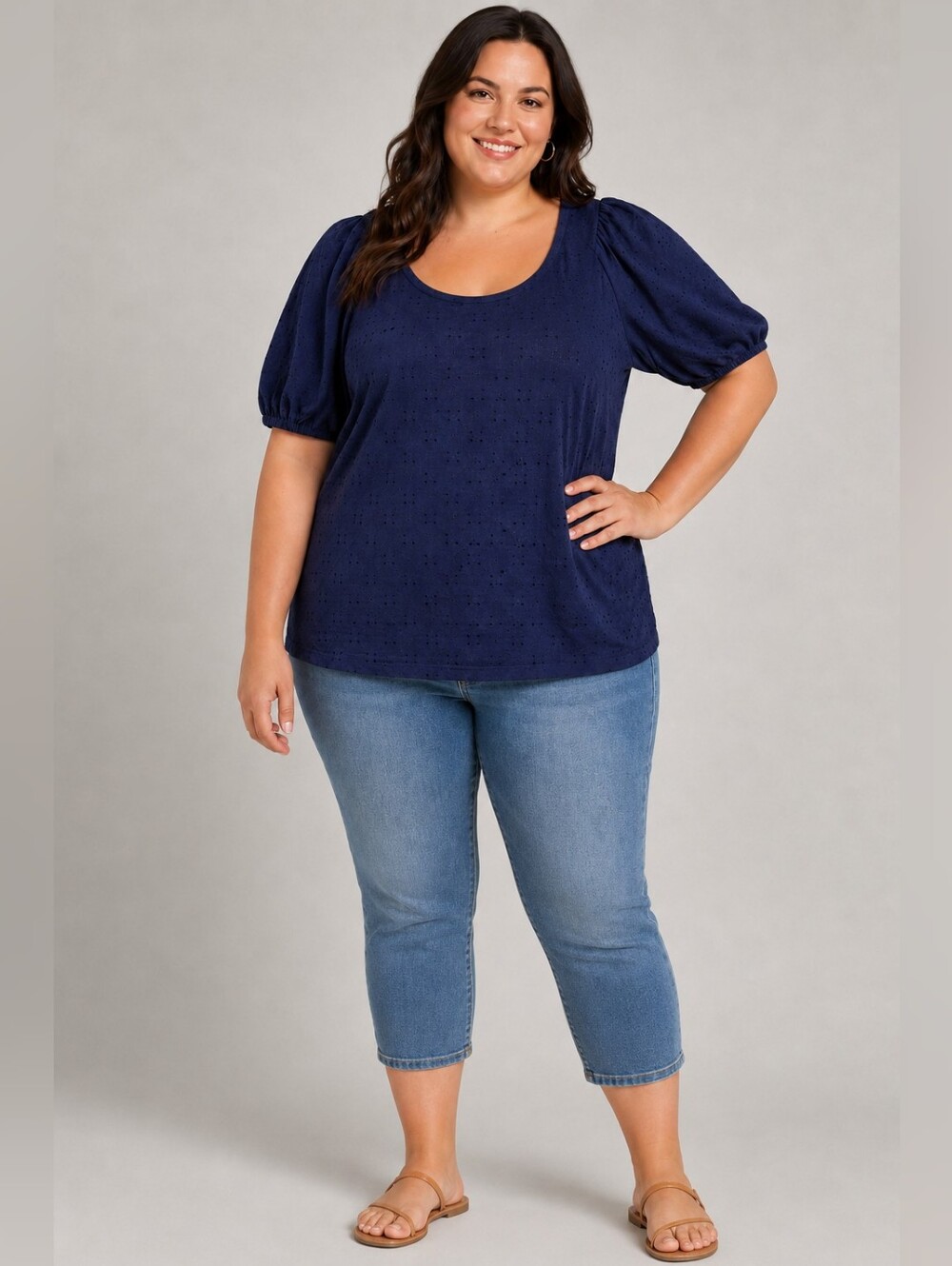 Ava & Viv Navy Blue Eyelet Top Puffed Sleeves NWT